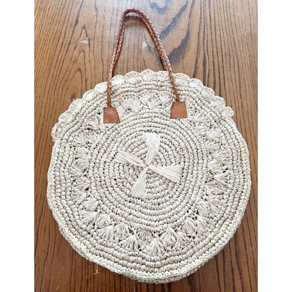 Handmade Round Circle Jute Straw Zipper Bag Braided Handle - Picture 1 of 7